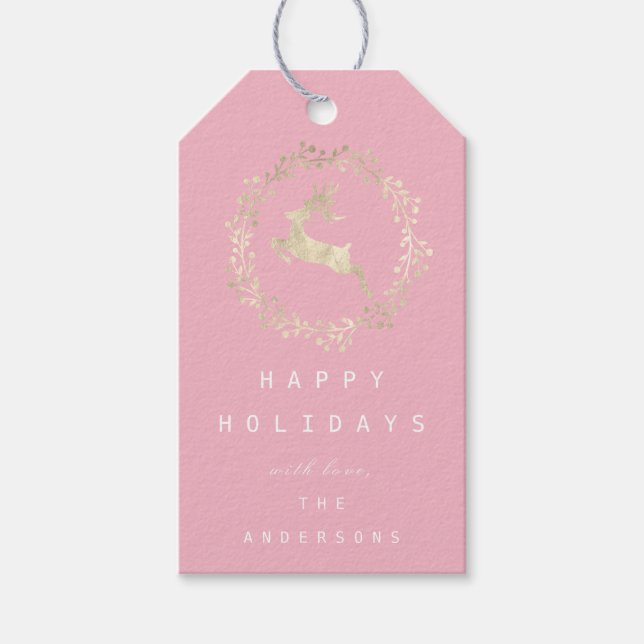 Frohe Weihnachts-Rentier Champaigne Gold Pink Geschenkanhänger (Vorderseite)