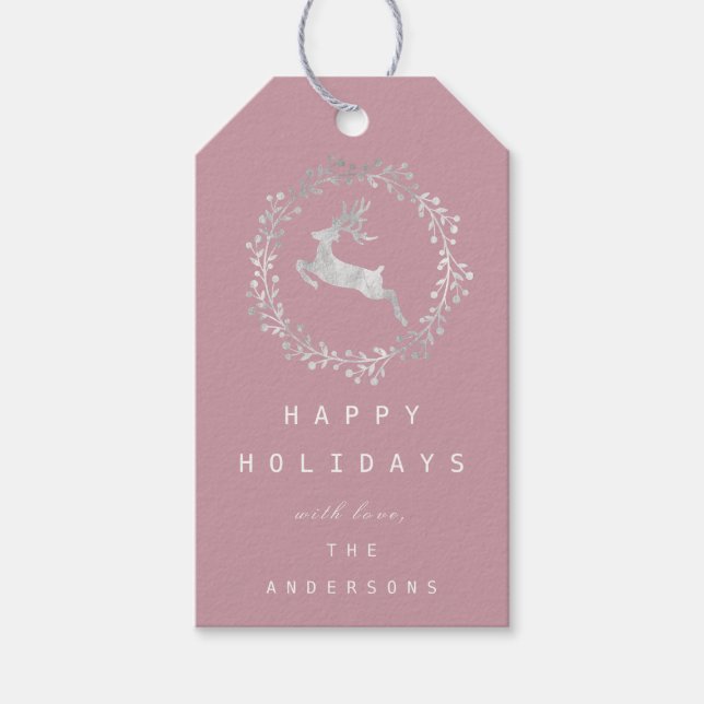 Frohe Weihnachts-Rentier Grau Silver Gray Pink Geschenkanhänger (Vorderseite)