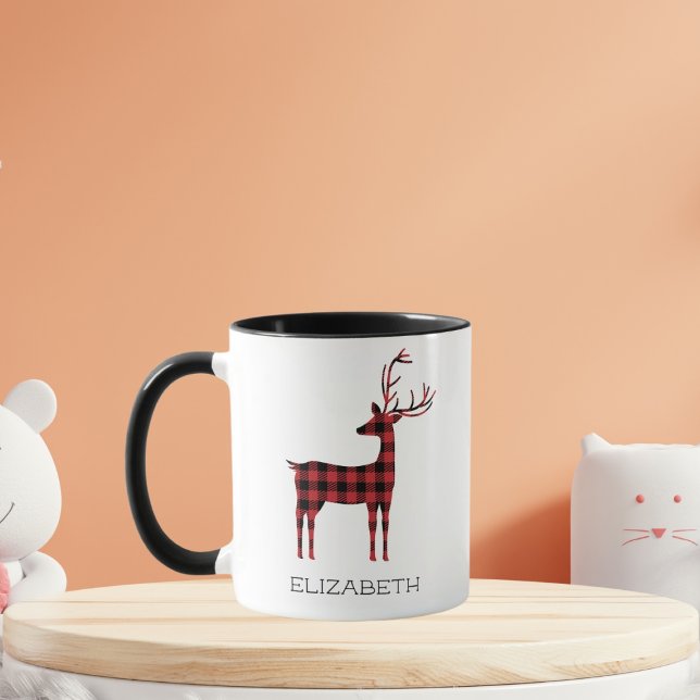 Frohe Weihnachts Rentier Kariertes Geschenk Schwar Tasse (Von Creator hochgeladen)
