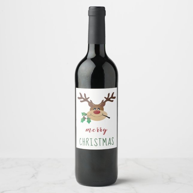 Frohe Weihnachts-Rentier mit Mistletoe Weinetikett (Vorderseite)