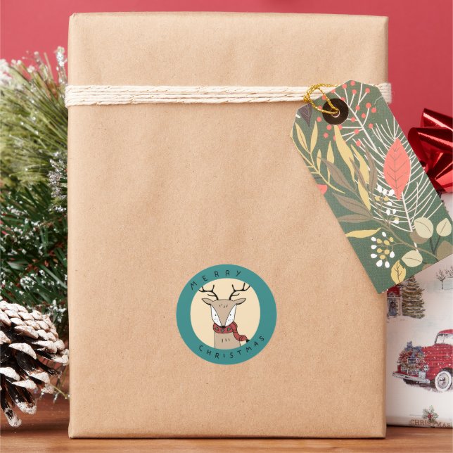 Frohe Weihnachts-Rentier mit Scarf Runder Aufkleber (Feiertag)