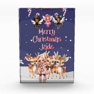 Frohe Weihnachts-Rentier Peppermint Fairy mit Name Fotoblock