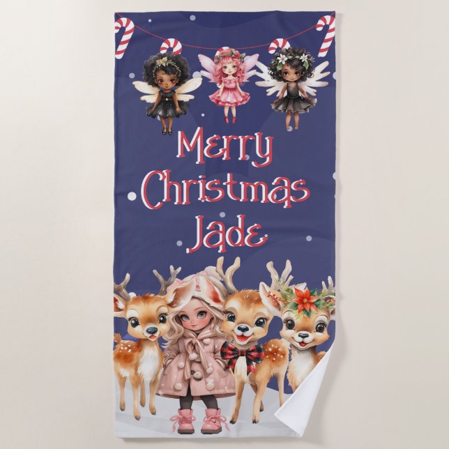 Frohe Weihnachts-Rentier Peppermint Fairy mit Name Strandtuch (Vorderseite)