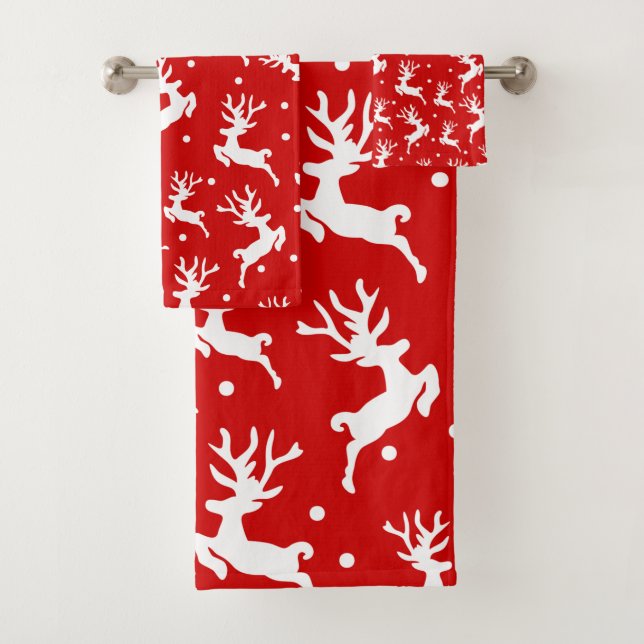 Frohe Weihnachts-Rentiere Red Throw Badhandtuch Set (Insitu)