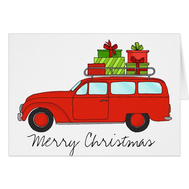Frohe Weihnachts Retro Auto mit Geschenken (Vorderseite (Horizontal))
