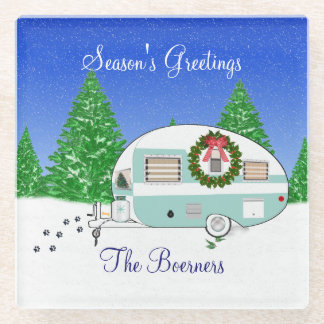 Frohe Weihnachts-Retro-Camper-Anhänger Glasuntersetzer