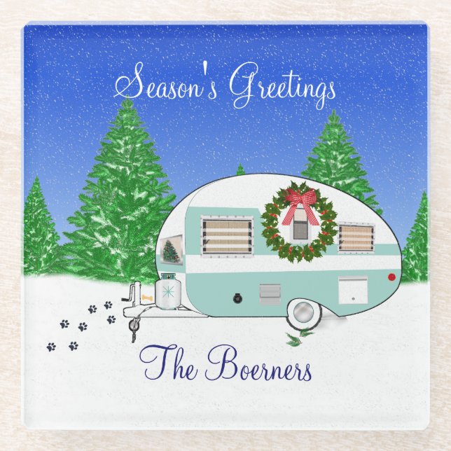 Frohe Weihnachts-Retro-Camper-Anhänger Glasuntersetzer (Vorderseite)