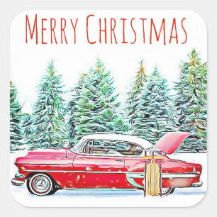 Frohe Weihnachts Retro Car und Schlitten Wintery Quadratischer Aufkleber