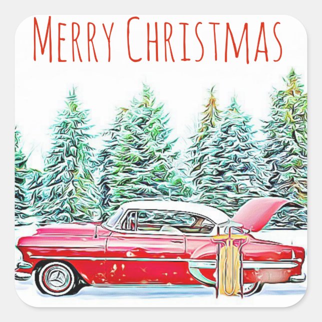Frohe Weihnachts Retro Car und Schlitten Wintery Quadratischer Aufkleber (Vorderseite)