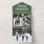 Frohe Weihnachts Retro grünes Foto Collage Urlaub All In One Einladung<br><div class="desc">Schicken Sie uns einen freundlichen Weihnachtsgrüß mit dieser einzigartigen Urlaubsfotokarte. Mit einem Retro-Script-Sprichwort "Frohe Weihnachten" und einer Collage von fünf Fotos bietet dieses Design auch einen abnehmbaren Bereich mit einem Single-Foto. Schließen Sie ein Familienupdate auf der Rückseite an. Das Beste ist, dass es gefaltet und ohne Umschlag verschickt werden kann!...</div>
