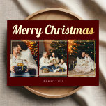 Frohe Weihnachts Retro Script Foto Red Folien Feiertagskarte<br><div class="desc">Feiern Sie die Saison mit unserer personalisierten Weihnachtskarte. Die Vorderseite zeigt das Retro-Skript "Frohe Weihnachten" über drei hochgeschätzte Fotos. Auf der Rückseite,  fügen Sie vier weitere Fotos und eine personalisierte Nachricht für eine herzliche Touch.</div>