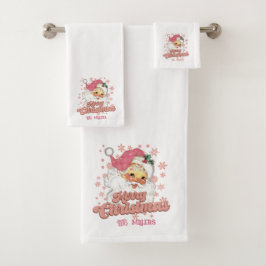 Frohe Weihnachts Retro Typografie Santa Pink Hat Badhandtuch Set