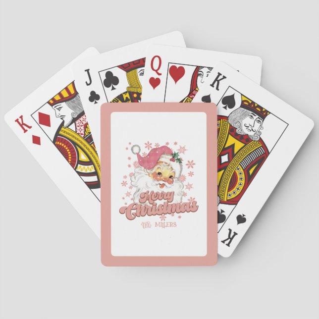 Frohe Weihnachts Retro Typografie Santa Pink Hat Spielkarten (Rückseite)