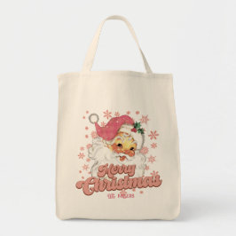 Frohe Weihnachts Retro Typografie Santa Pink Hat Tragetasche