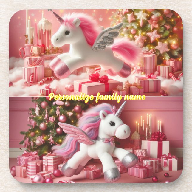 Frohe Weihnachts Rosa Einhorn anpassen Getränkeuntersetzer (Vorderseite)