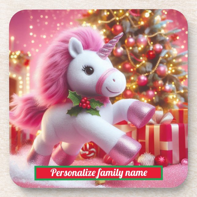 Frohe Weihnachts Rosa Einhorn Hard-Kunststoff-Unte Getränkeuntersetzer (Vorderseite)