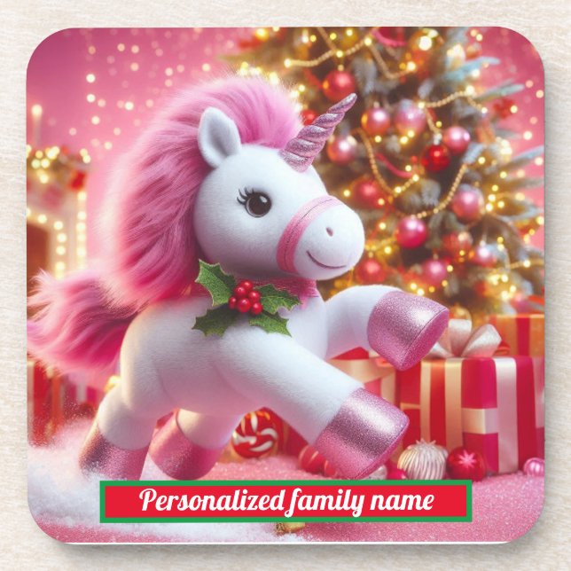 Frohe Weihnachts Rosa Einhorn Hard-Kunststoff-Unte Getränkeuntersetzer (Vorderseite)