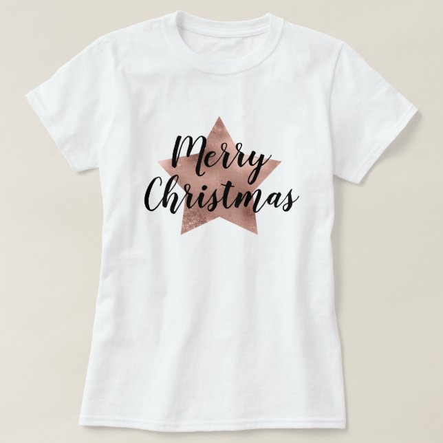 Frohe Weihnachts-Rose Gold Pink Star T-Shirt (Design vorne)