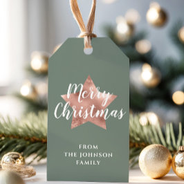 Frohe Weihnachts-Rose Gold Star Sage Green Geschenkanhänger