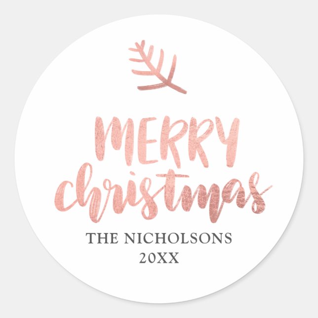 Frohe Weihnachts-Rose Gold Typografie | Urlaub Runder Aufkleber (Vorderseite)