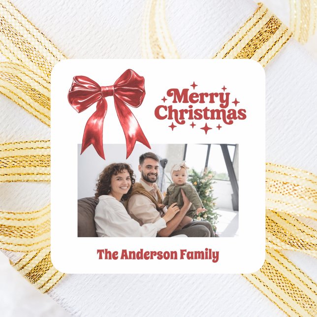 Frohe Weihnachts-Rot-Bogen-Retro-Foto Quadratischer Aufkleber (Von Creator hochgeladen)