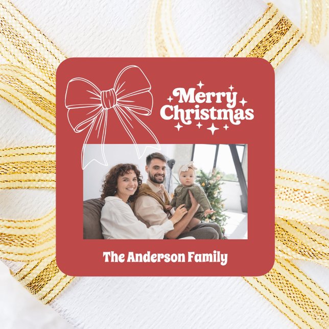 Frohe Weihnachts-Rot-Bogen-weißes Foto Quadratischer Aufkleber (Von Creator hochgeladen)