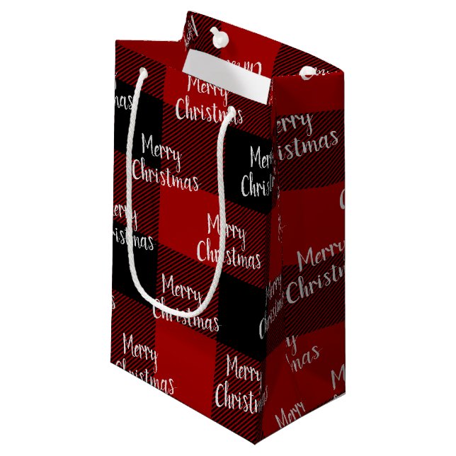 Frohe Weihnachts-Rot-Büffel kariert Kleine Geschenktüte (Vorderseite Schrägansicht)