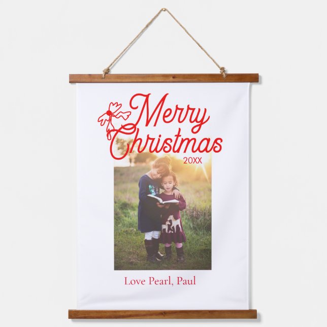 Frohe Weihnachts-Rot-Bug-Kinder Foto modern und el Wandteppich Mit Holzrahmen (Vorderseite)