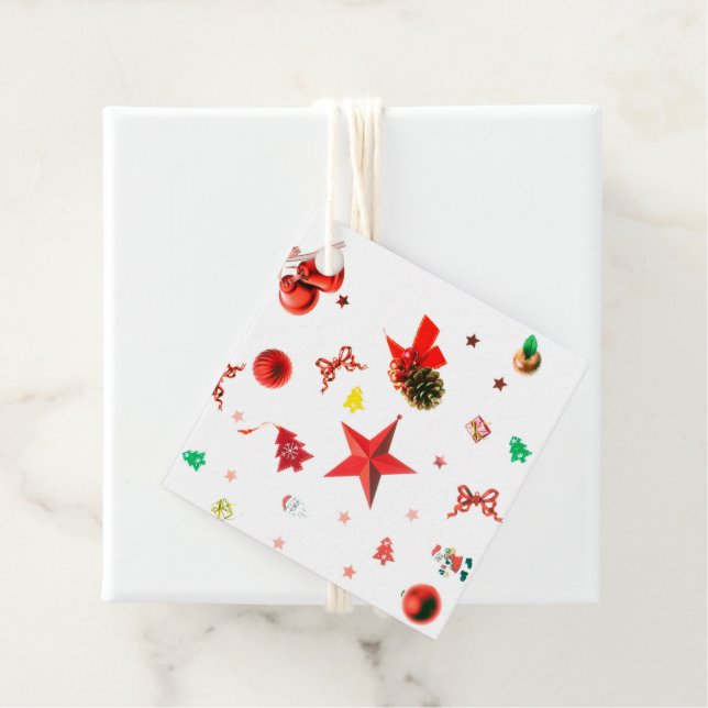 Frohe Weihnachts Rot gemischte Ornamente mit Text Geschenkanhänger (Beispiel)