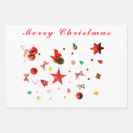 Frohe Weihnachts Rot gemischte Ornamente mit Text Geschenkpapier Set