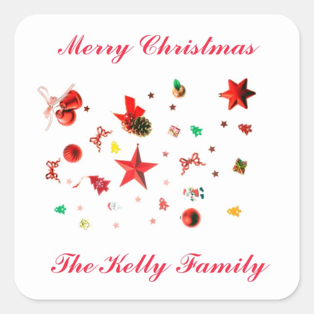 Frohe Weihnachts Rot gemischte Ornamente mit Text Quadratischer Aufkleber (Vorderseite)