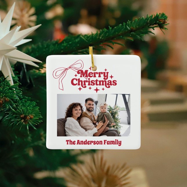 Frohe Weihnachts rot gezeichnet Bogen Retro-Foto Keramikornament (Von Creator hochgeladen)