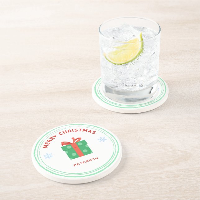 Frohe Weihnachts-Rot-Text-Geschenkboxen auf weiß Getränkeuntersetzer (Seite)