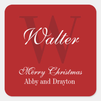 Frohe Weihnachts Rot und Weiß Custom Monogram Quadratischer Aufkleber