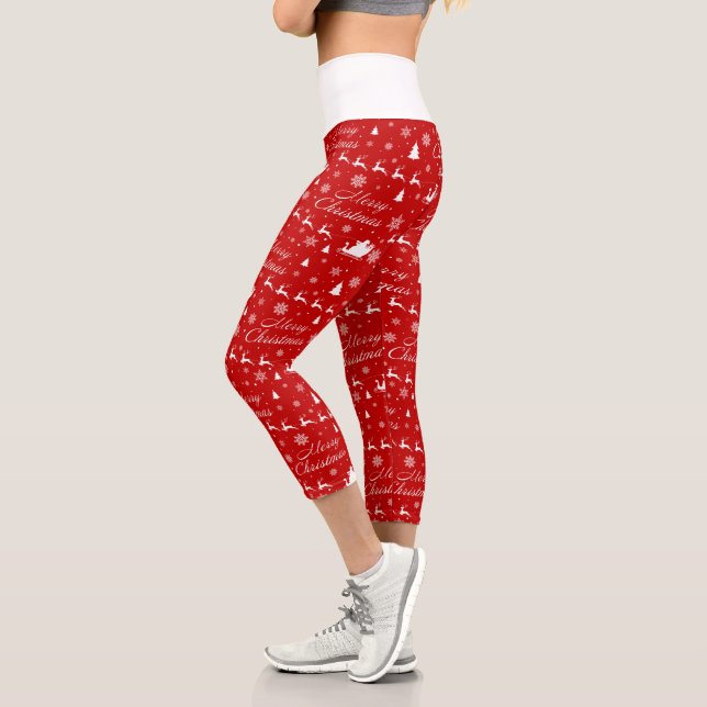 Frohe Weihnachts Rot & Weiß Muster Capri Leggings (Links)