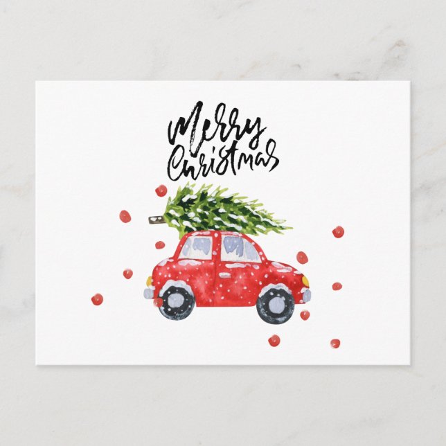 Frohe Weihnachts rote Auto mit Weihnachtsbaum Auto Postkarte (Vorderseite)