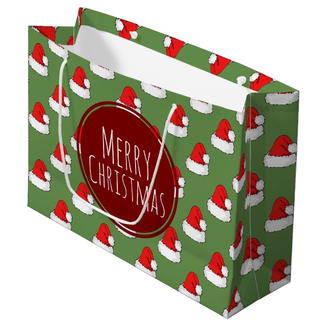 Frohe Weihnachts Rote Weihnachtsmannmützen Muster Große Geschenktüte (Vorderseite Schrägansicht)
