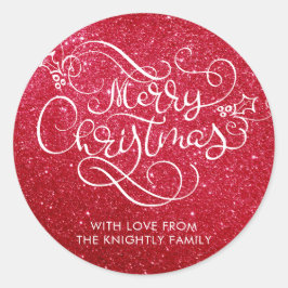 Frohe Weihnachts Roter Glitzer Script Typografie Runder Aufkleber