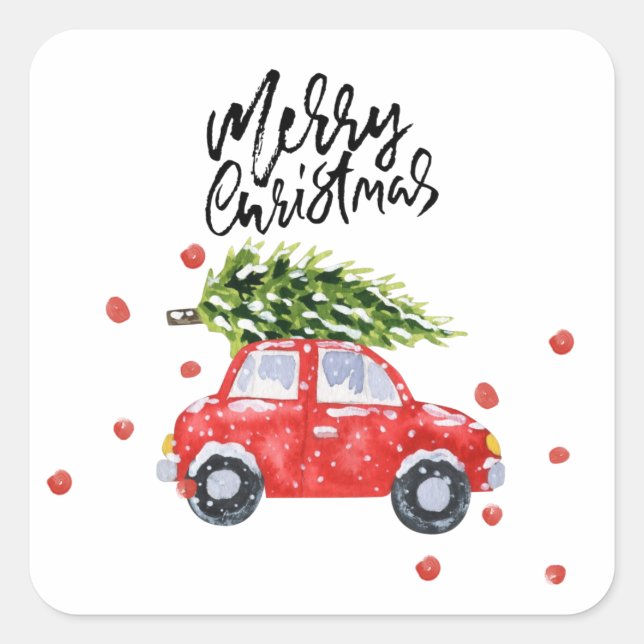 Frohe Weihnachts-rotes Auto mit Weihnachtsbaum wei Quadratischer Aufkleber (Vorderseite)