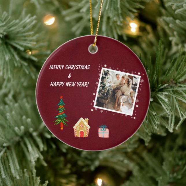 Frohe Weihnachts Ruby Wine Family Foto Keramik Ornament (Baum)