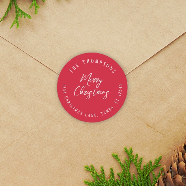 Frohe Weihnachts-Rücksendeadresse Minimalistisch Runder Aufkleber (Merry Christmas calligraphy script simple red gift sticker label. )