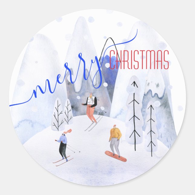 Frohe Weihnachts-Schneebergskiläufer Runder Aufkleber (Vorderseite)