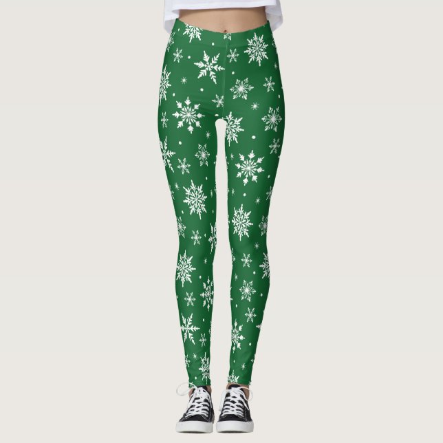 Frohe Weihnachts-Schneeflocken Muster Grün Leggings (Vorderseite)