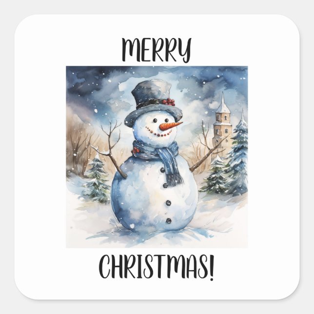 Frohe Weihnachts-Schneemann in der Schneewasserfar Quadratischer Aufkleber (Vorderseite)