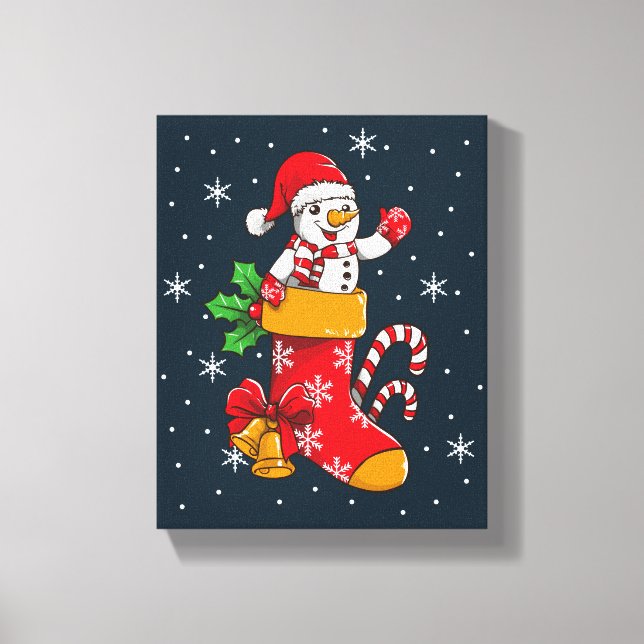 Frohe Weihnachts-Schneemann in Strümpfen Leinwanddruck (Vorderseite)