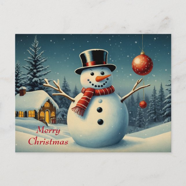 Frohe Weihnachts-Schneemann und Winterlandschaft Feiertagspostkarte (Vorderseite)