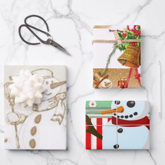 Frohe Weihnachts-Schneemann Wrapping Paper Sheets Geschenkpapier Set (Vorderseite)