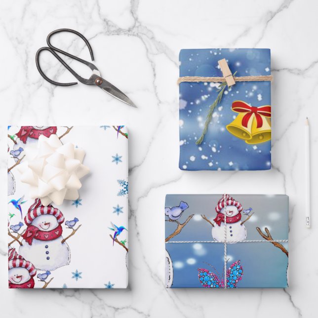 Frohe Weihnachts-Schneemann Wrapping Paper Sheets Geschenkpapier Set (Vorderseite)