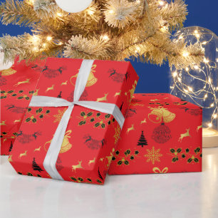 Frohe Weihnachts Schwarz, Gold mit Rentier, Bell R Geschenkpapier