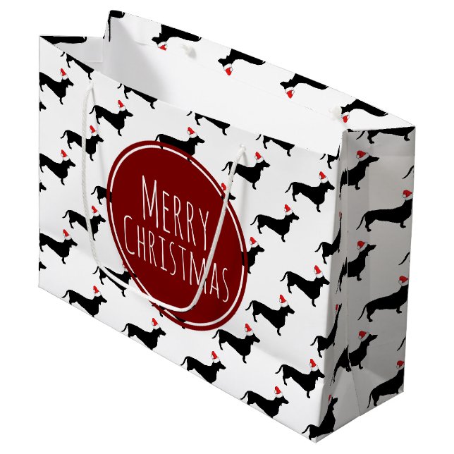 Frohe Weihnachts-Schwarze Dackeln-Muster Große Geschenktüte (Vorderseite Schrägansicht)